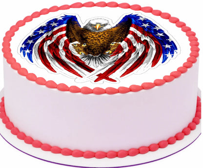 White cake with a decorative topper featuring an eagle and American flag design.
