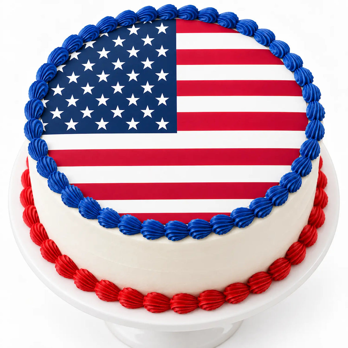 American Flag Custom Edible Icing Cake Topper – 8-Inch Round on a round cake.