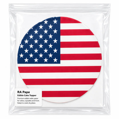 American Flag Custom Edible Icing Cake Topper – 8-Inch Round in a protective bag.