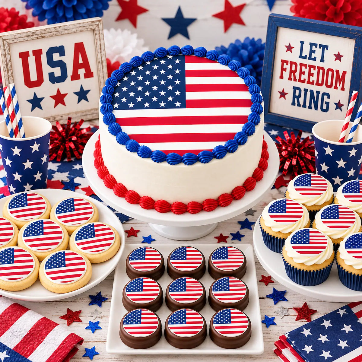 American Flag Custom Edible Icing Cake Topper – 8-Inch Round on a patriotic dessert table.