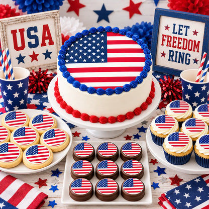 American Flag Custom Edible Icing Cake Topper – 8-Inch Round on a patriotic dessert table.