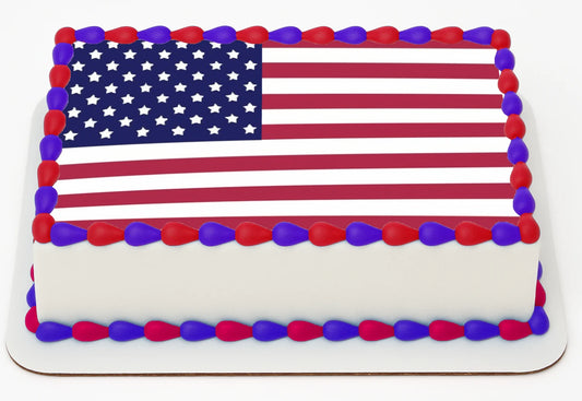 American Flag Edible Image Sheet Cake Topper on red white and blue decorated cake