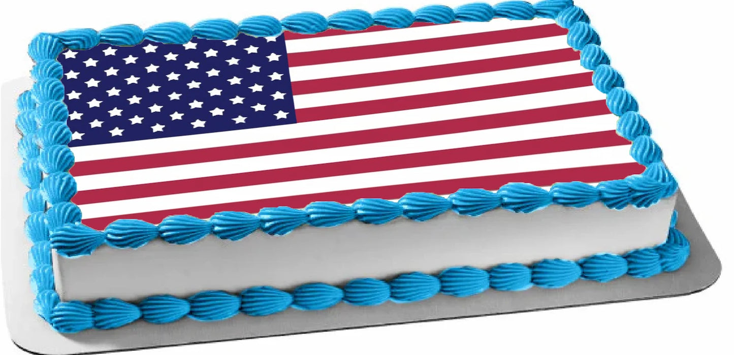 Sheet cake with American flag edible image cake design  on a blue and white cake