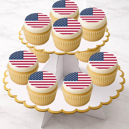 American Flag Edible Image Cookie & Cupcake Toppers –  Precut 2” Rounds  on cupcakes