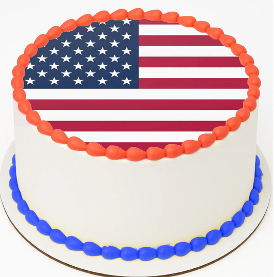 American flag edible cake topper with red, white, and blue stars and stripes design