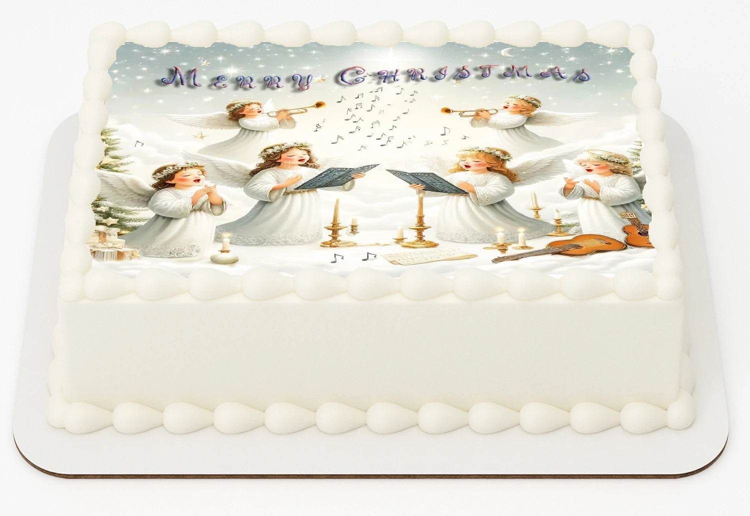 Christmas Edible cake Image on top a white frosted cake topper with singing angel design