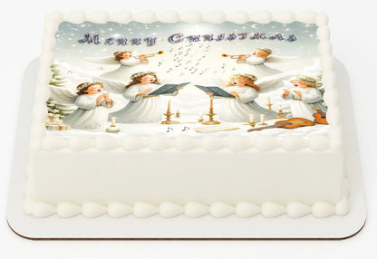 Christmas Edible cake Image on top a white frosted cake topper with singing angel design