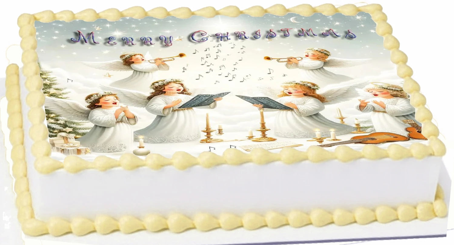 Christmas Edibe Icing Image Topper with singing angel design and 'Merry Christmas' text