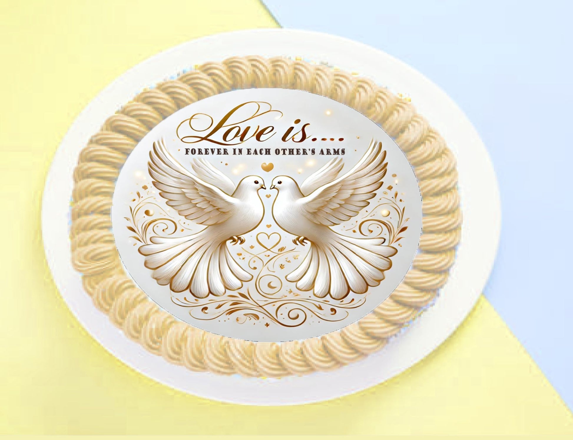 Anniversary Love is Edible Image Cake topper showing two doves with a heart over them