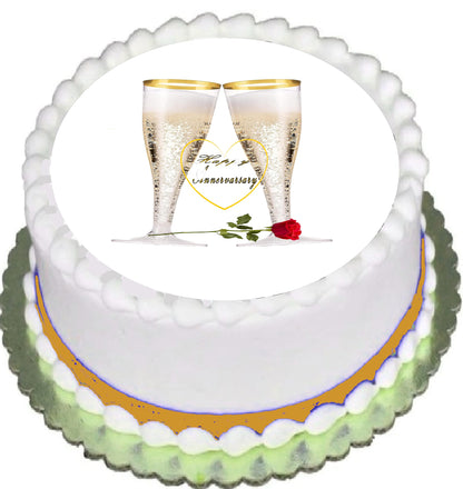 Custom Edible Cake Topper – Anniversary Champagne & Roses Delight Design – Pre-cut 8" Round Icing Sheet – RA Pape