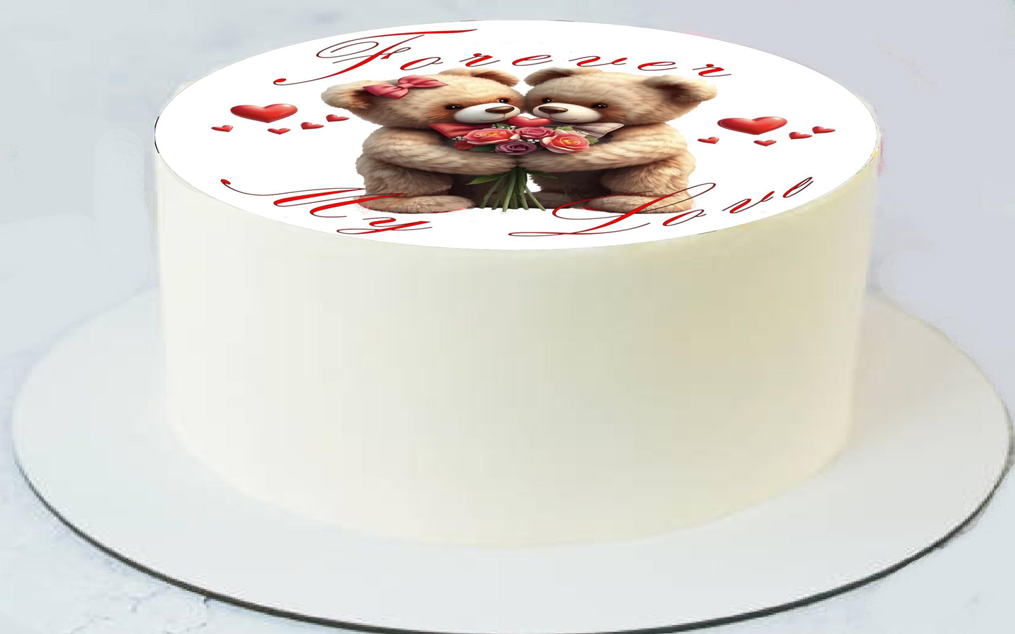 Forever my Love Anniversary is written on  top a Edible Image Cake Topper designed with two teddy  bears cuddling with roses and hearts around them.