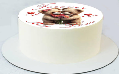 Forever my Love Anniversary is written on  top a Edible Image Cake Topper designed with two teddy  bears cuddling with roses and hearts around them.