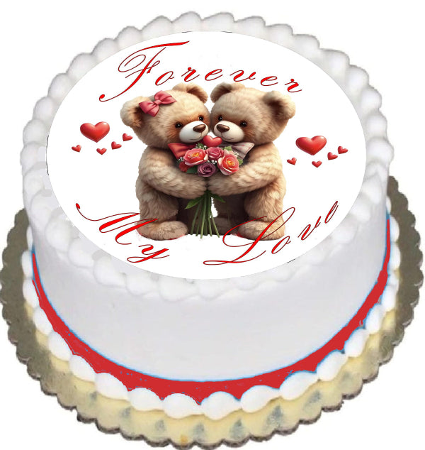 Forever my Love Anniversary is written on  top a Edible Image Cake Topper designed with two teddy  bears cuddling with roses and hearts around them.