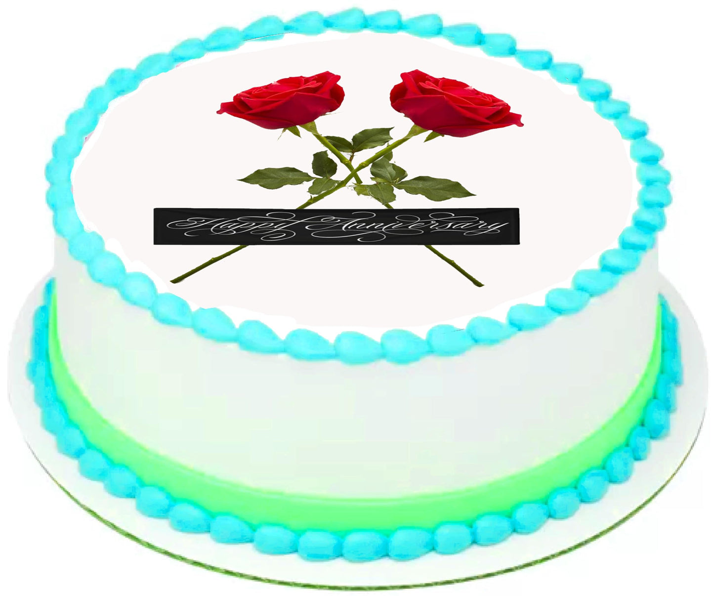 Anniversary edible image cake topper  saying 'Love in Bloom' text  with red roses