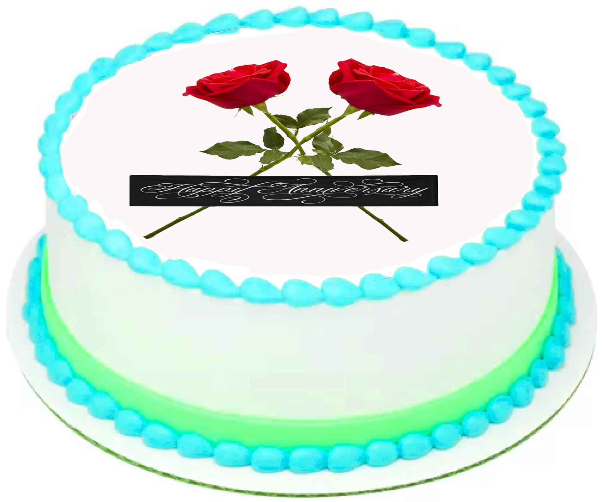Anniversary edible image cake topper  saying 'Love in Bloom' text  with red roses