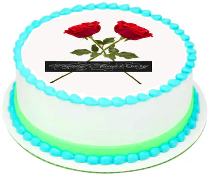 Anniversary edible image cake topper  saying 'Love in Bloom' text  with red roses