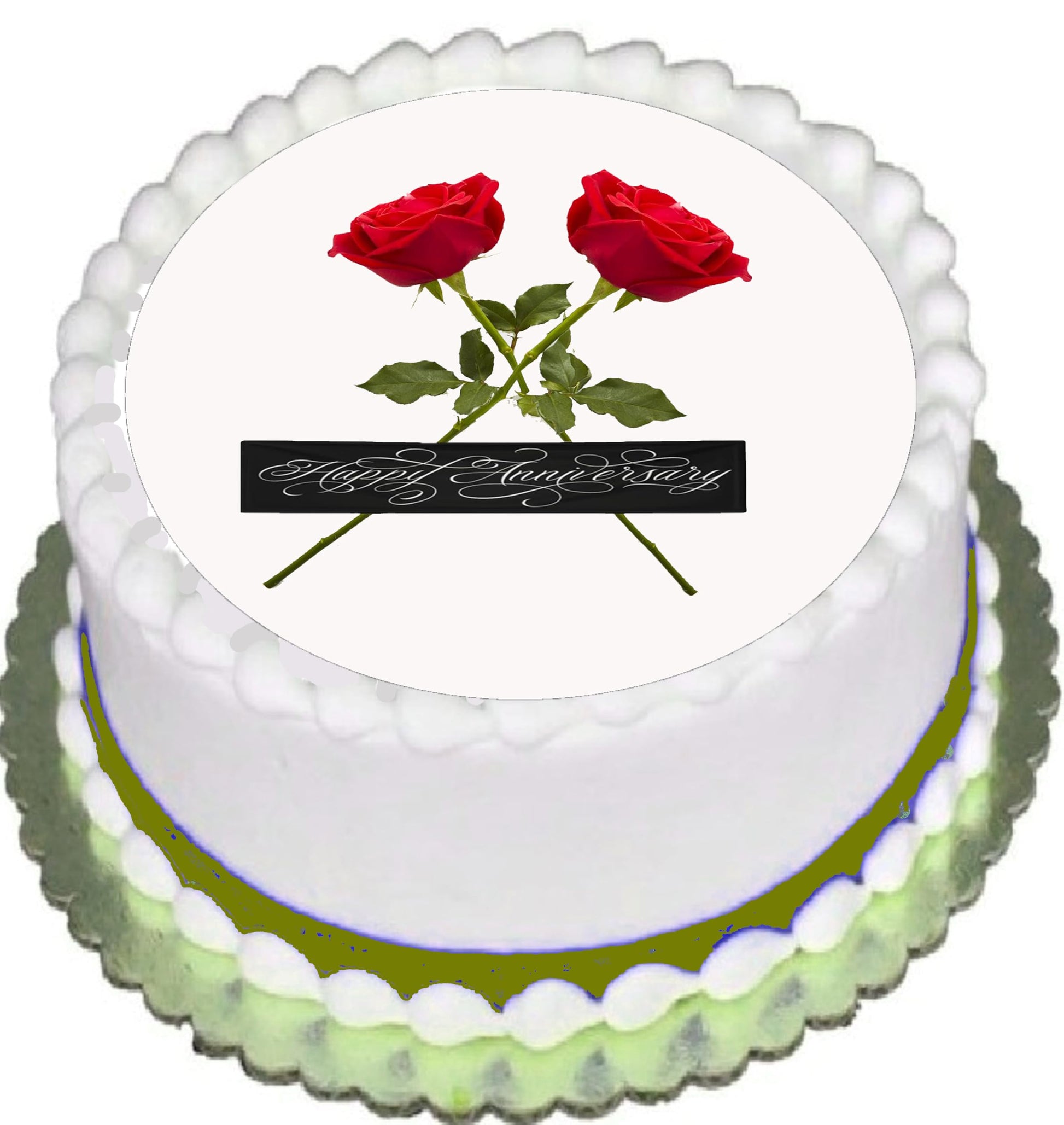 Love in Bloom text with two red roses on an edible image cake topper