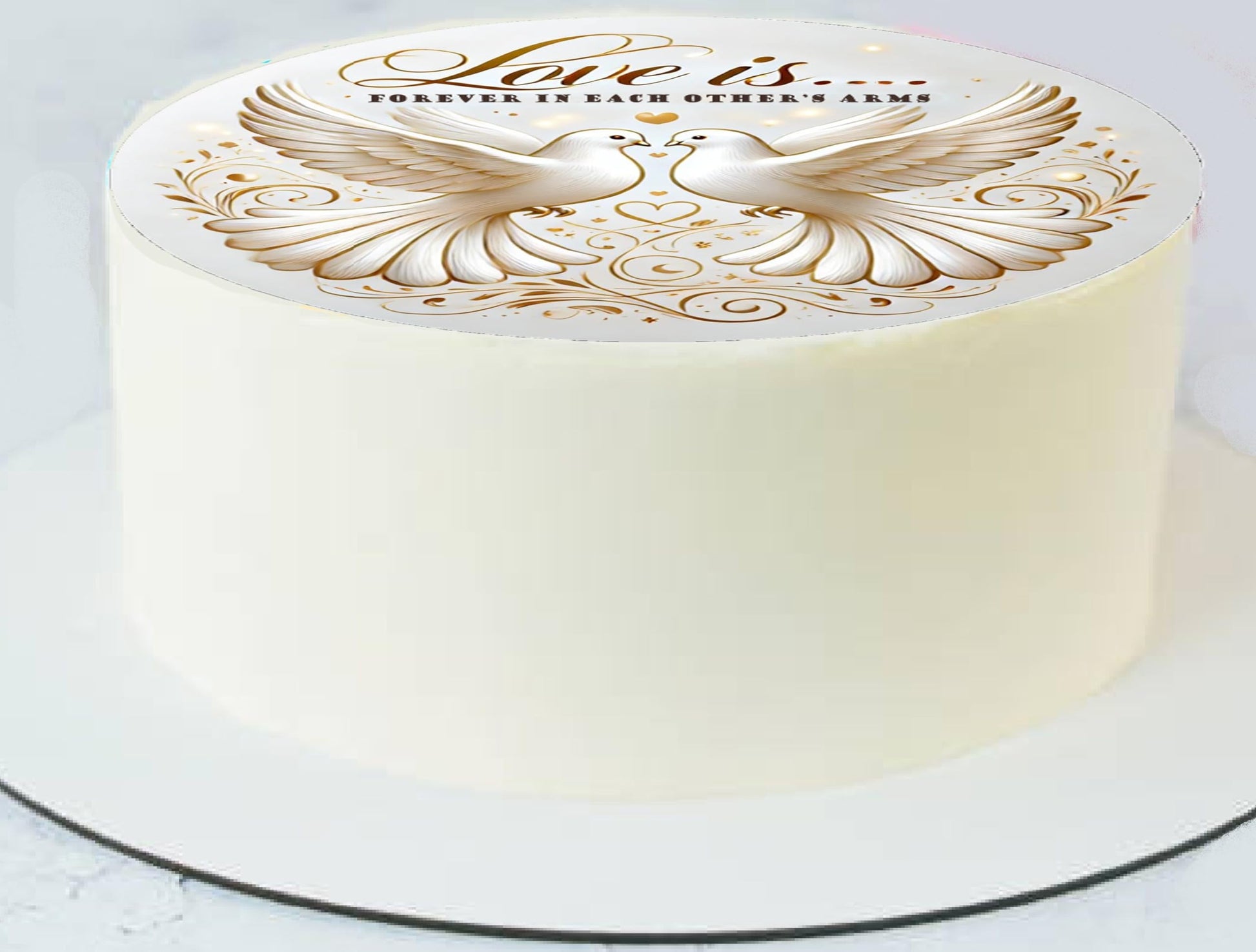 Anniversary two birds together with text saying 'Love is.. Forever in each others Arms' with a heart on an  edible image cake topper