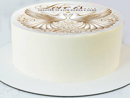 Anniversary two birds together with text saying 'Love is.. Forever in each others Arms' with a heart on an  edible image cake topper