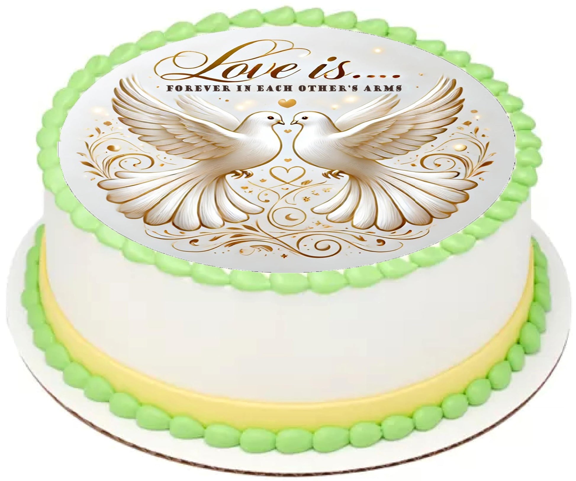 Anniversary 'Love is.. Forever in each others Arms' text with two birds together with a heart over them on an  edible image cake topper