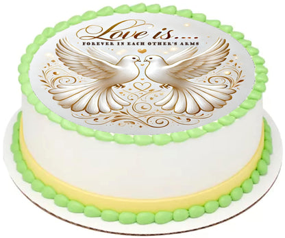 Anniversary 'Love is.. Forever in each others Arms' text with two birds together with a heart over them on an  edible image cake topper