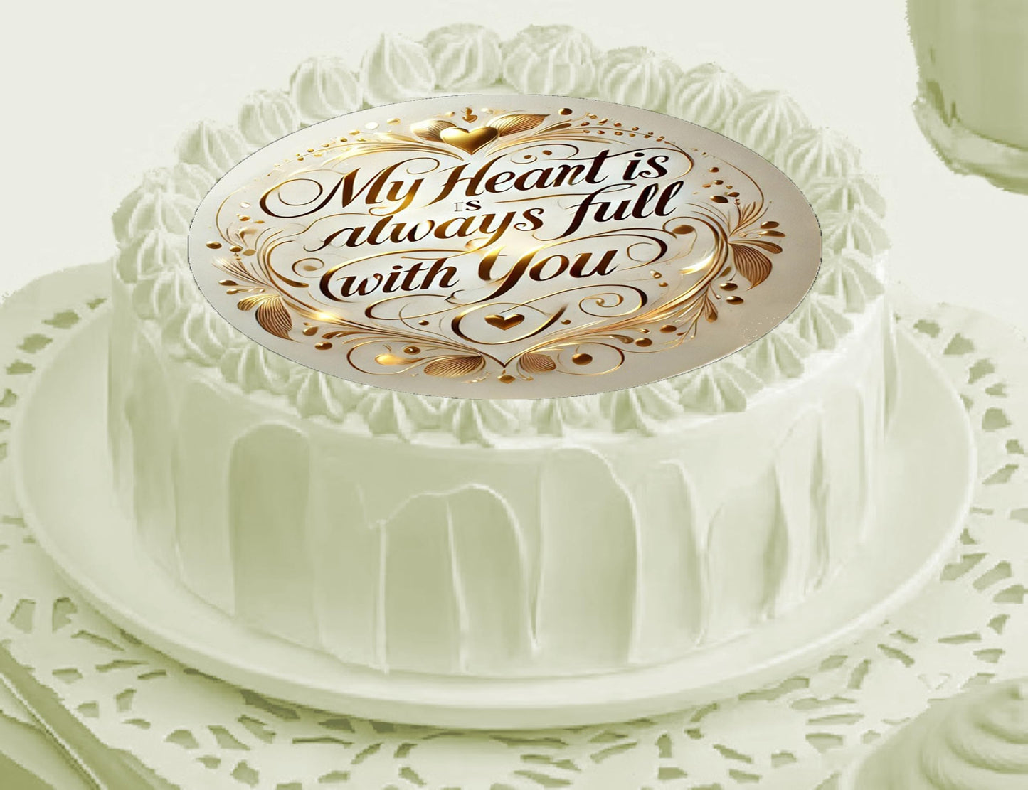 Anniversary My Heart its always full with you text on an Edible Cake Image