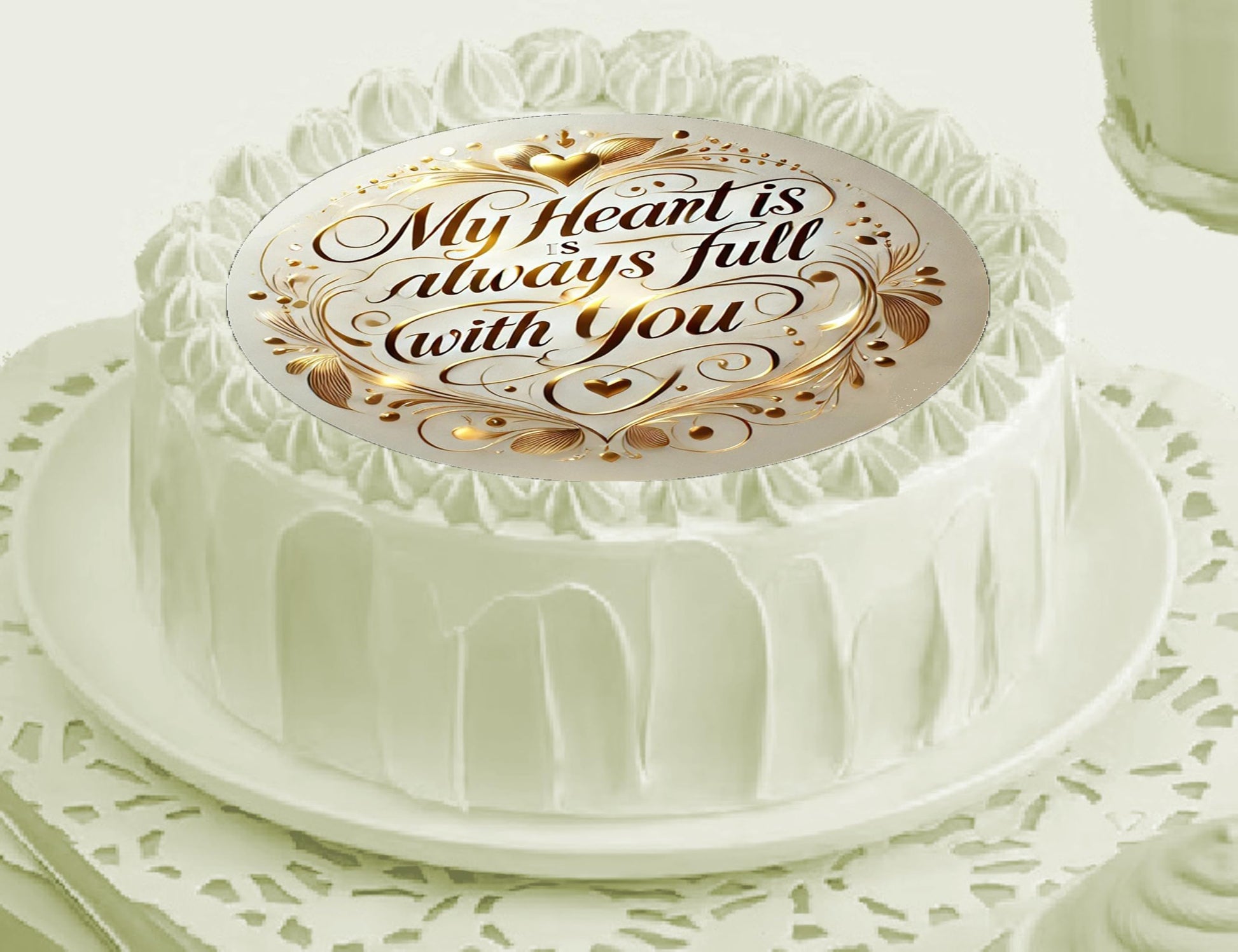 Anniversary My Heart its always full with you text on an Edible Cake Image