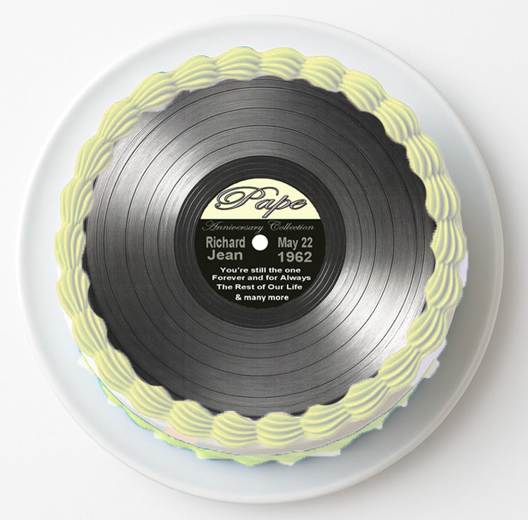 Custom Edible Cake Topper – Anniversary Record Customizable Design – Pre-cut 8" Round Icing Sheet – RA Pape