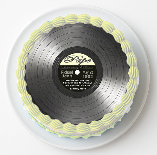 Custom Edible Cake Topper – Anniversary Record Customizable Design – Pre-cut 8" Round Icing Sheet – RA Pape