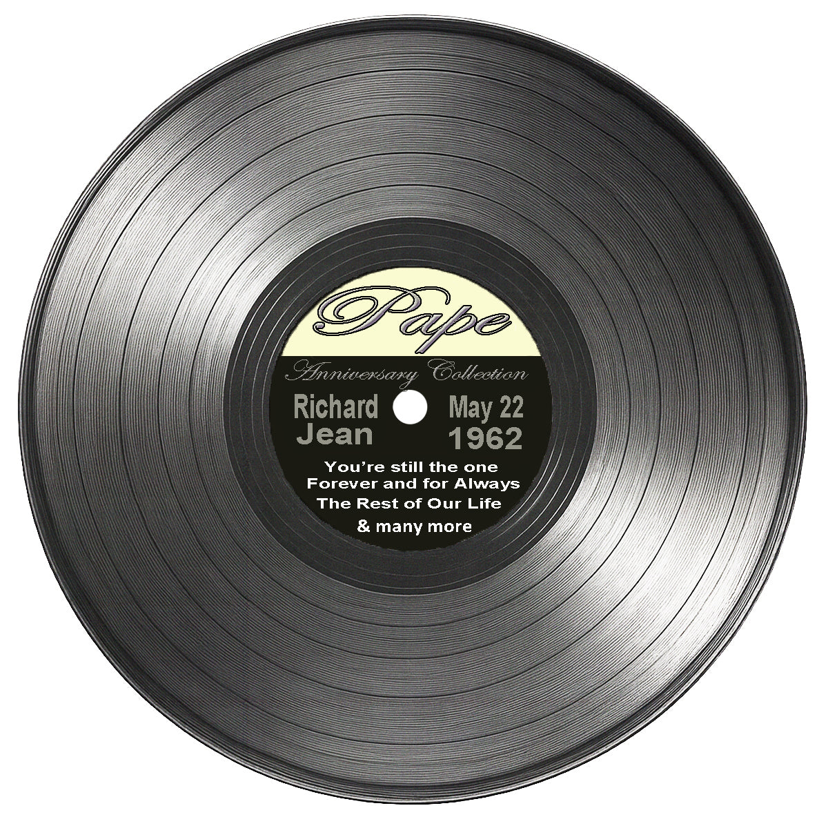 Anniversary Record Edible Image Cake Topper. Showing customized vinyl record with a personalized message.