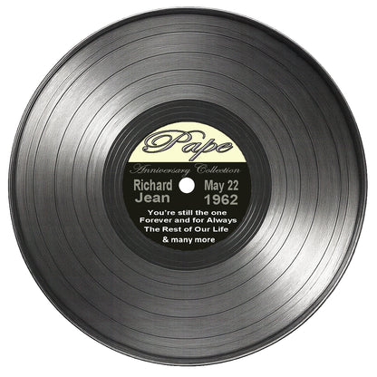 Anniversary Record Edible Image Cake Topper. Showing customized vinyl record with a personalized message.