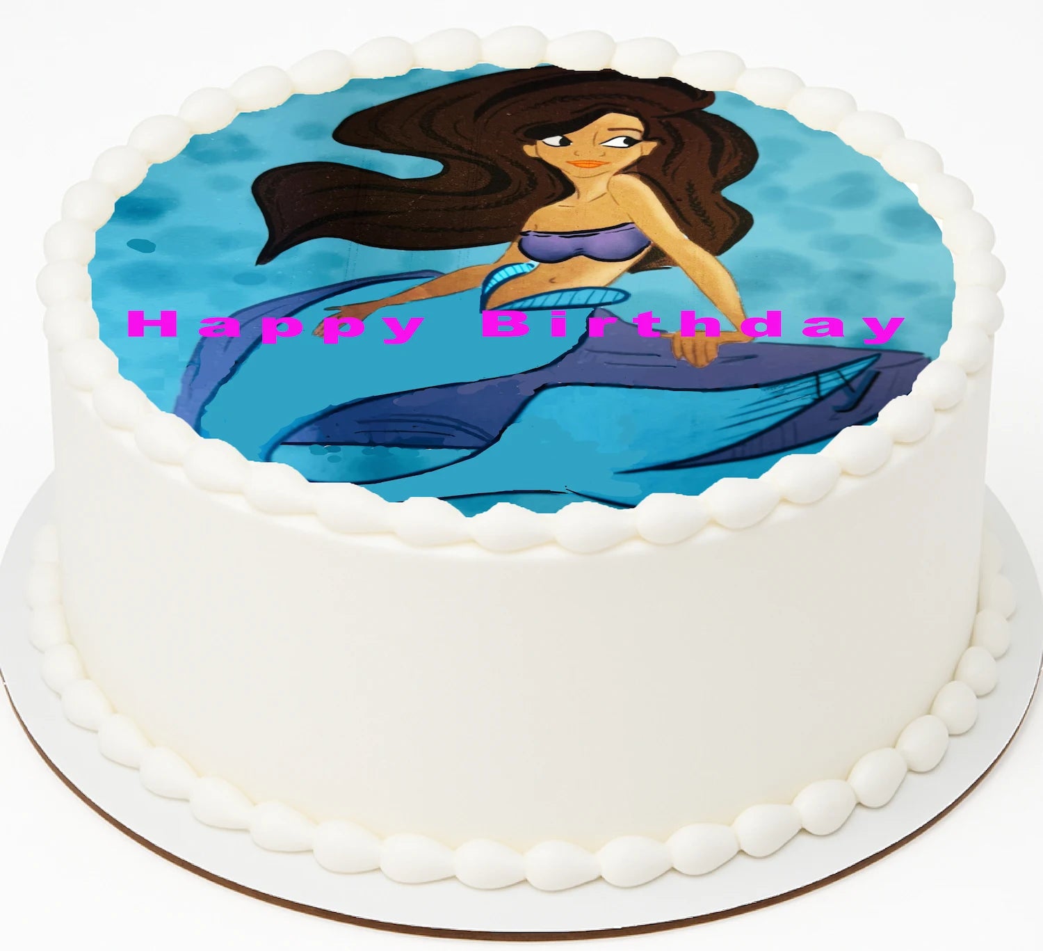 Ariel on an edible image cake topper with 'Happy Birthday' text on