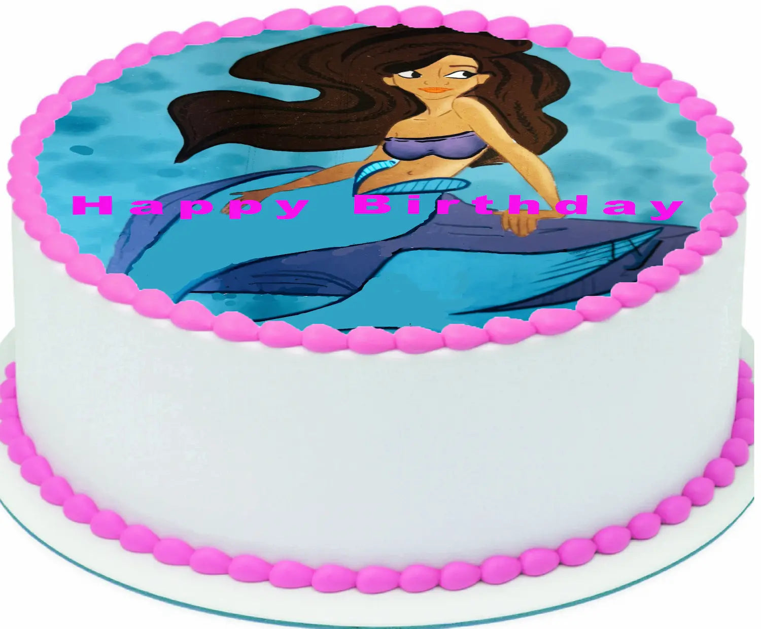 Birthday edible image cake topper with ariel mermaid design and 'Happy Birthday' text.
