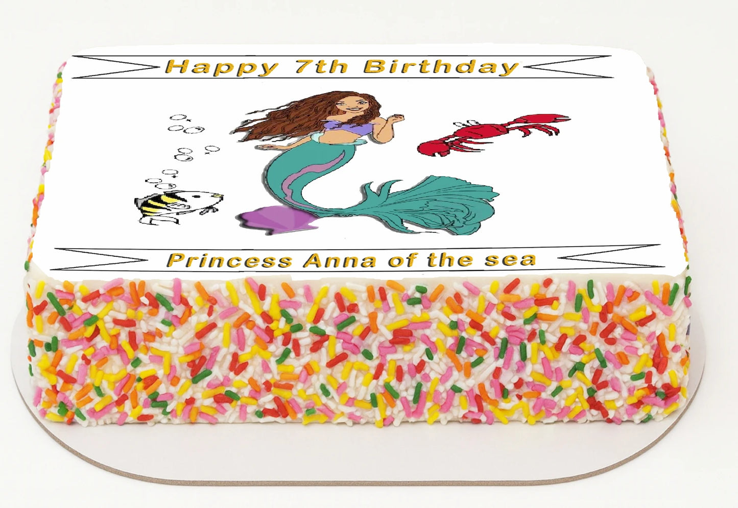 Edible  Icing Image birthday cake topper with Ariel mermaid design.
