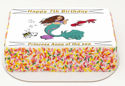 Edible  Icing Image birthday cake topper with Ariel mermaid design.