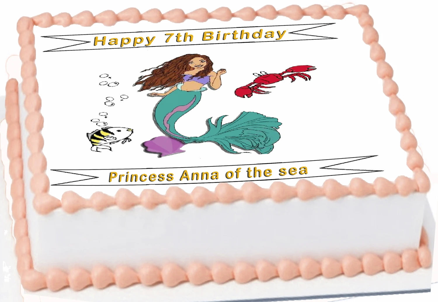 Edible Icing Images Cake Topper with Ariel mermaid design and Customizable  text 'Happy  Birthday Princess Name of the sea' 