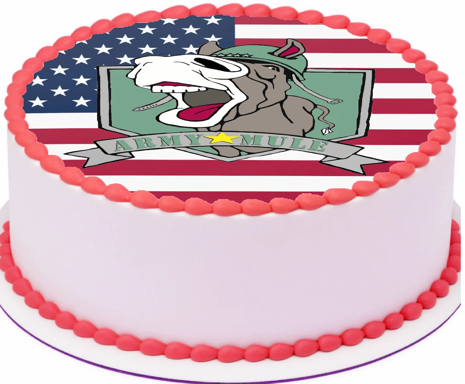 Cake with 'Army Mule' design featuring a donkey and American flag