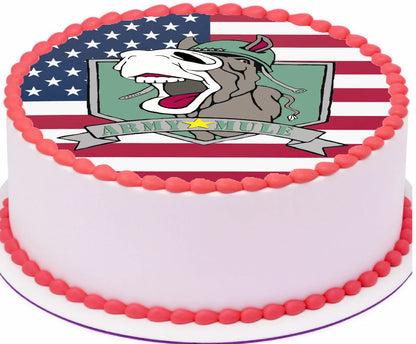 Cake with 'Army Mule' design featuring a donkey and American flag