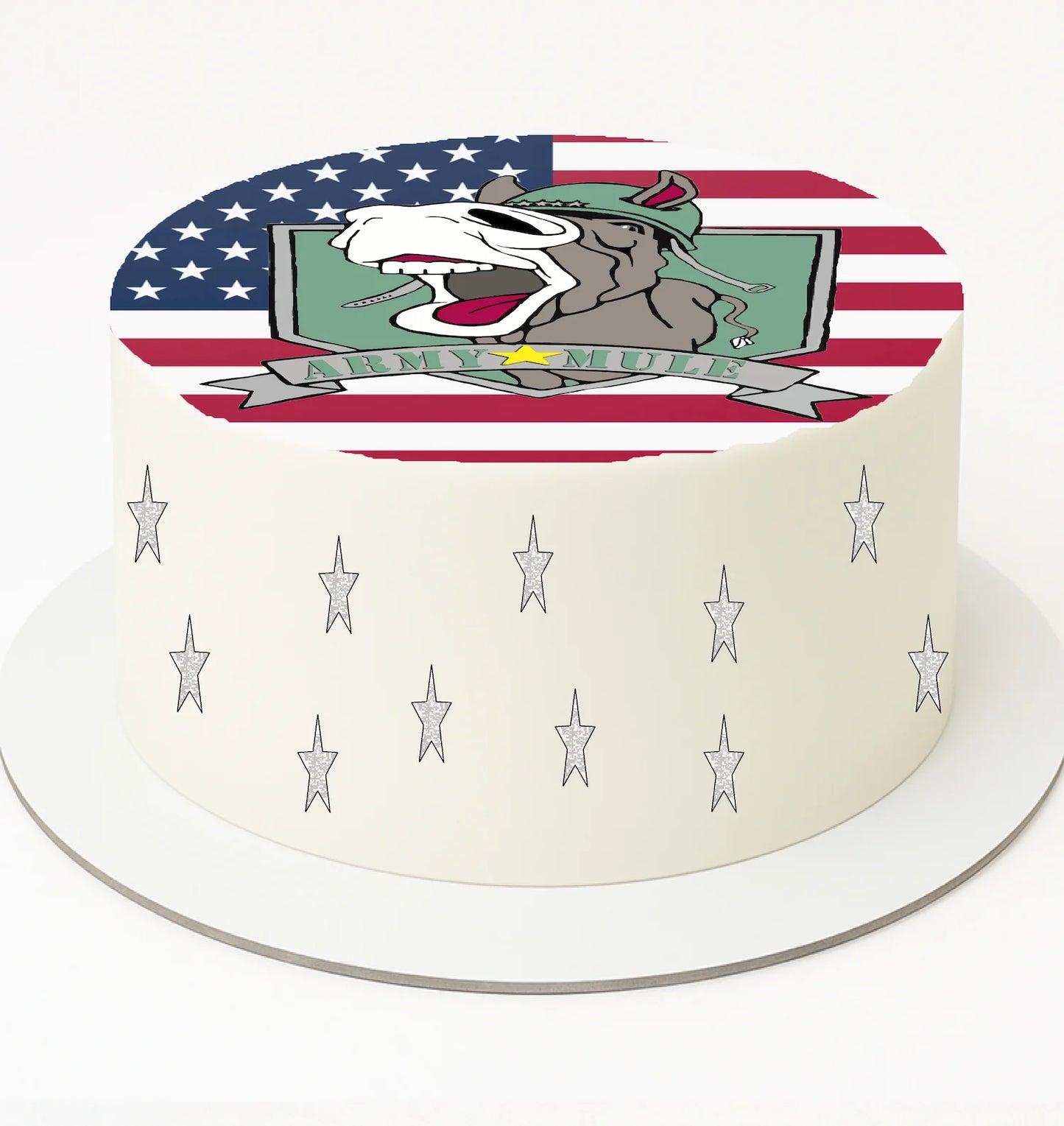 Cake with American flag design and cartoon character on a white background