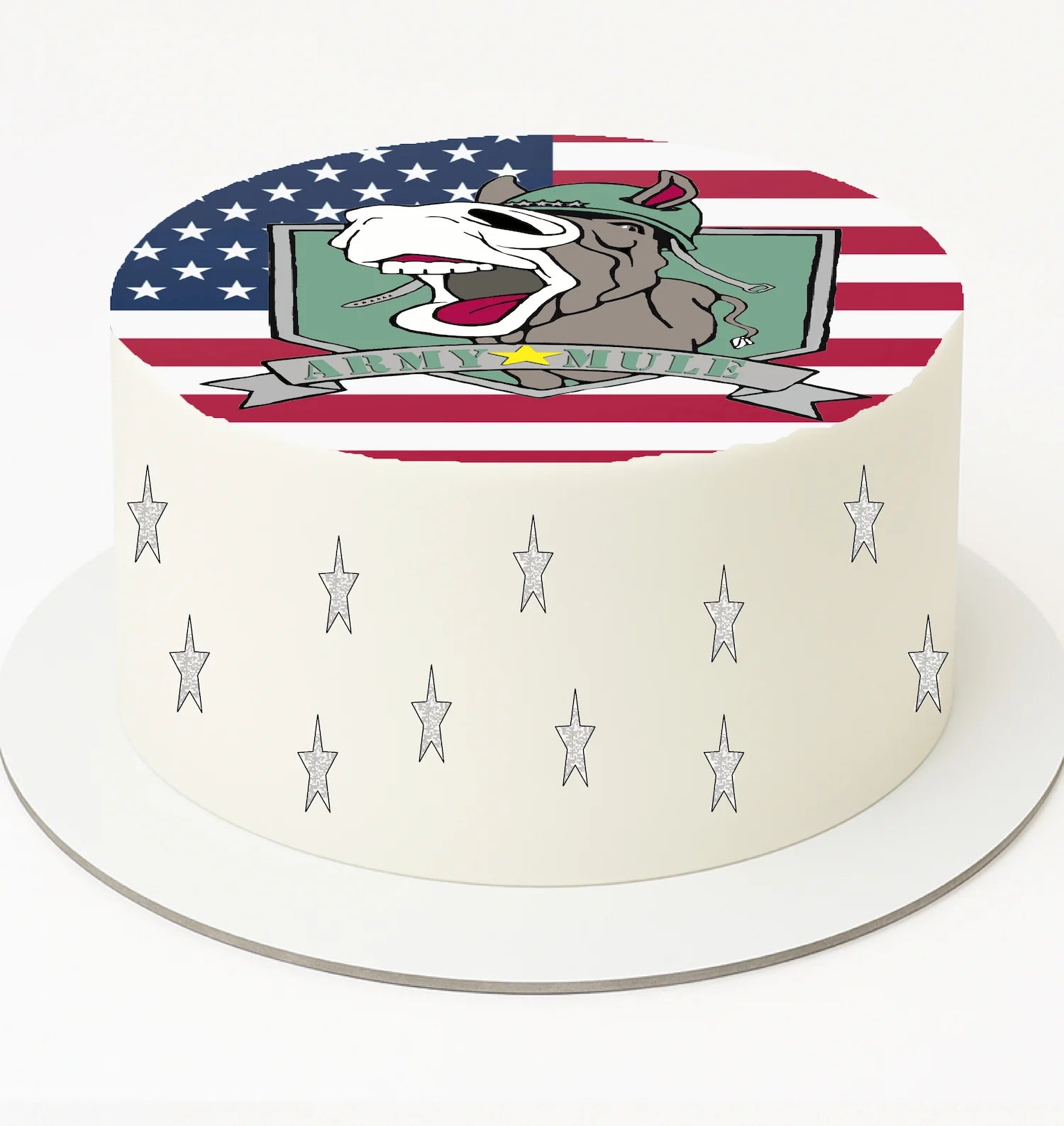 Cake with American flag design and cartoon character on a white background