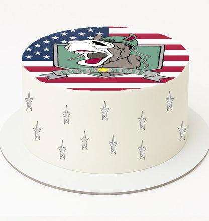 Cake with American flag design and cartoon character on a white background