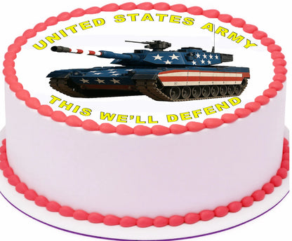 Cake with a tank design and 'United States Army This We'll Defend' text on a white background
