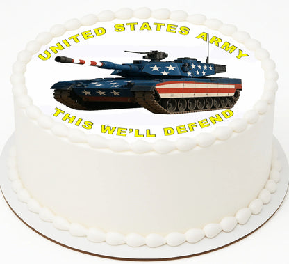 Cake with a United States Army tank design and text on a white background