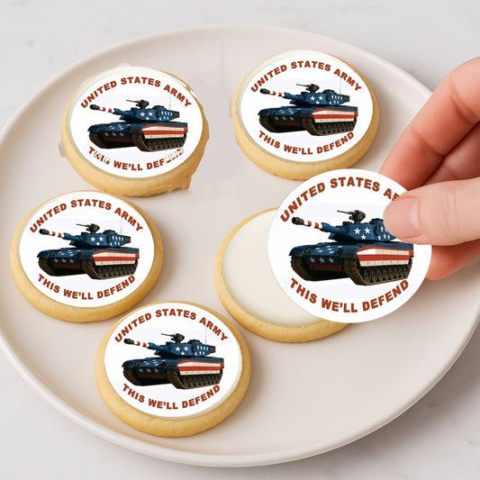 Custom Edible Cake Topper Army This We'll Defend Design – Icing Sheet Cookie & Cupcake Images –20 Pre-cut 2” Round– RA Pape