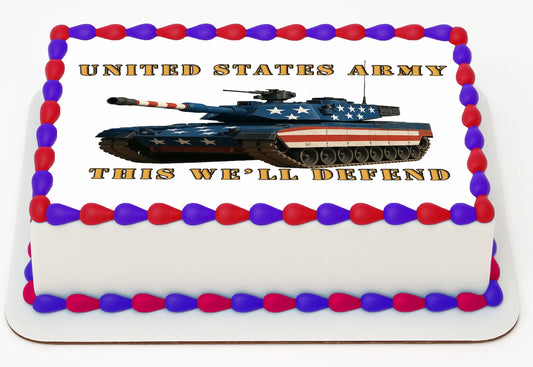 Custom Edible Cake Topper – Army This We’ll Defend Design – 1/4 Sheet Cake (9x13) – Precut Icing Sheet – RA Pape