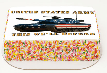 United States Army tank design with American flag on a colorful sprinkles background