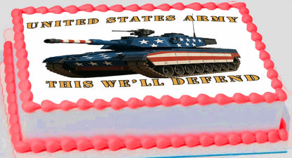 Cake with a United States Army tank design and text 'This We'll Defend' on a white background.
