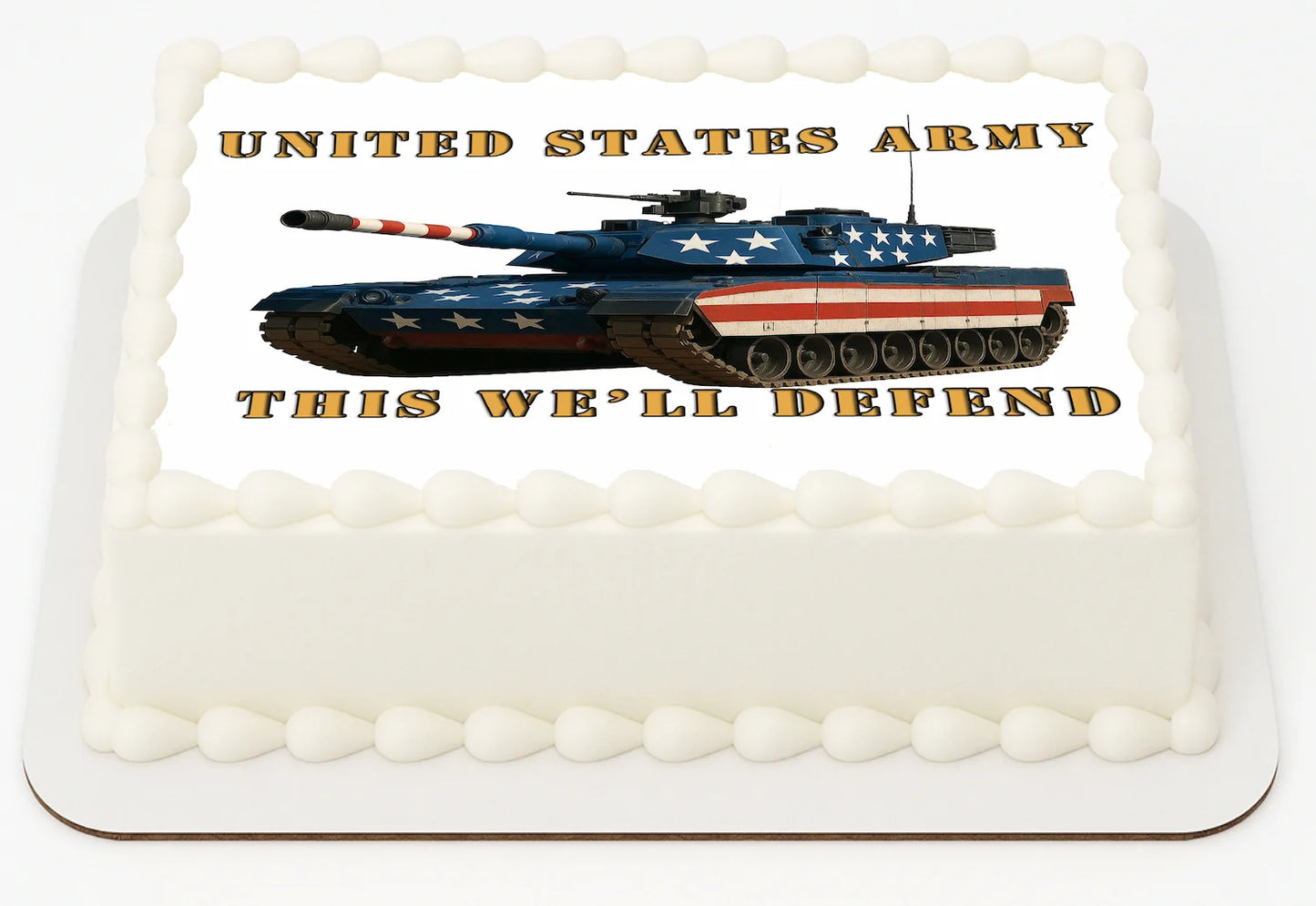 Cake with a United States Army tank design and text on a white background