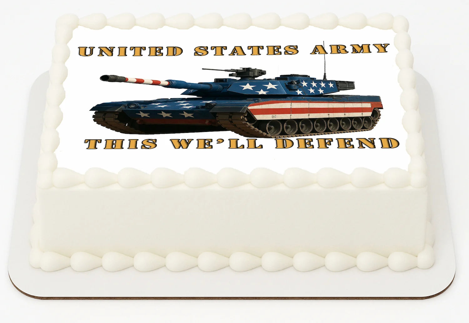 Cake with a United States Army tank design and text on a white background