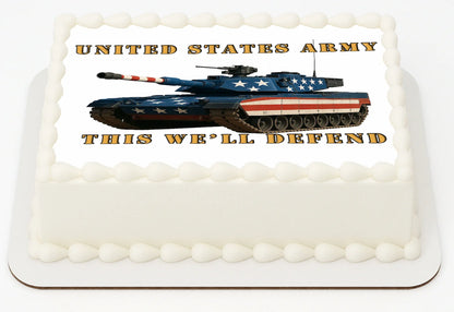 Cake with a United States Army tank design and text on a white background